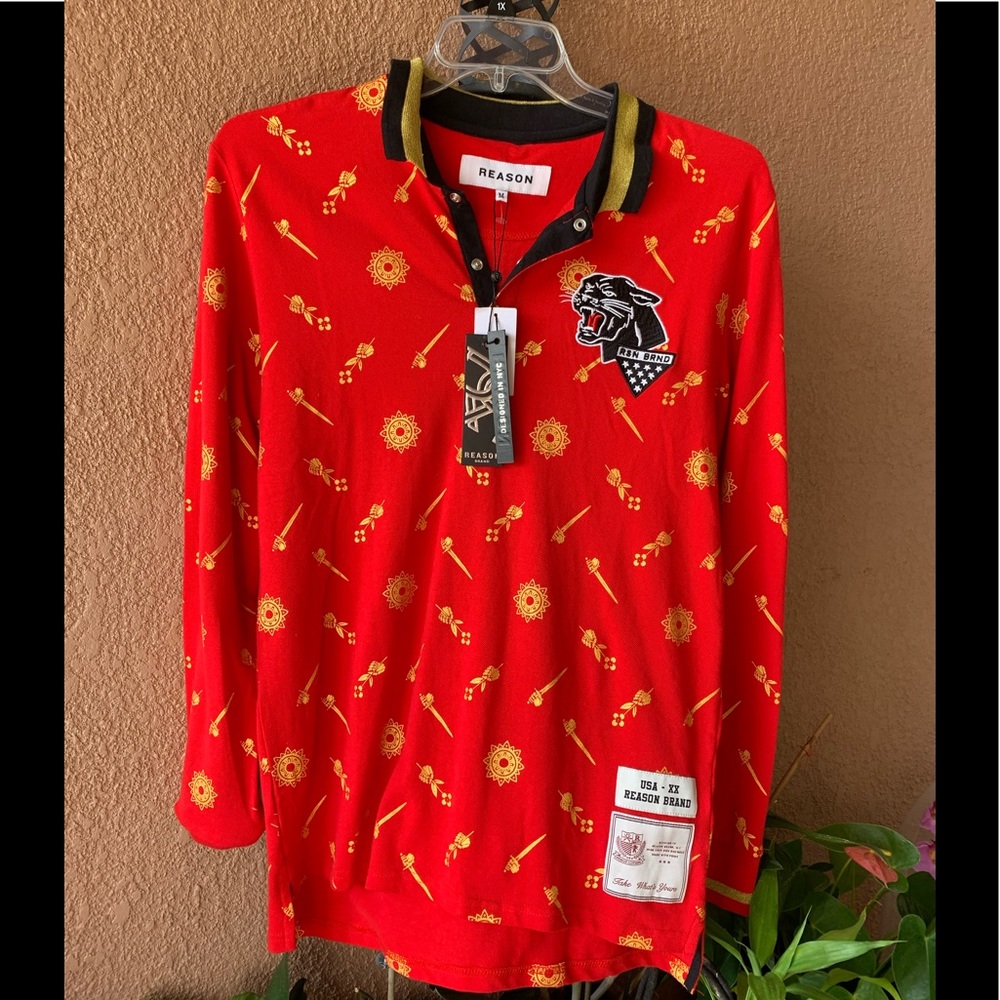 Reason Men’s Panther Print Long Sleeve Polo Shirt